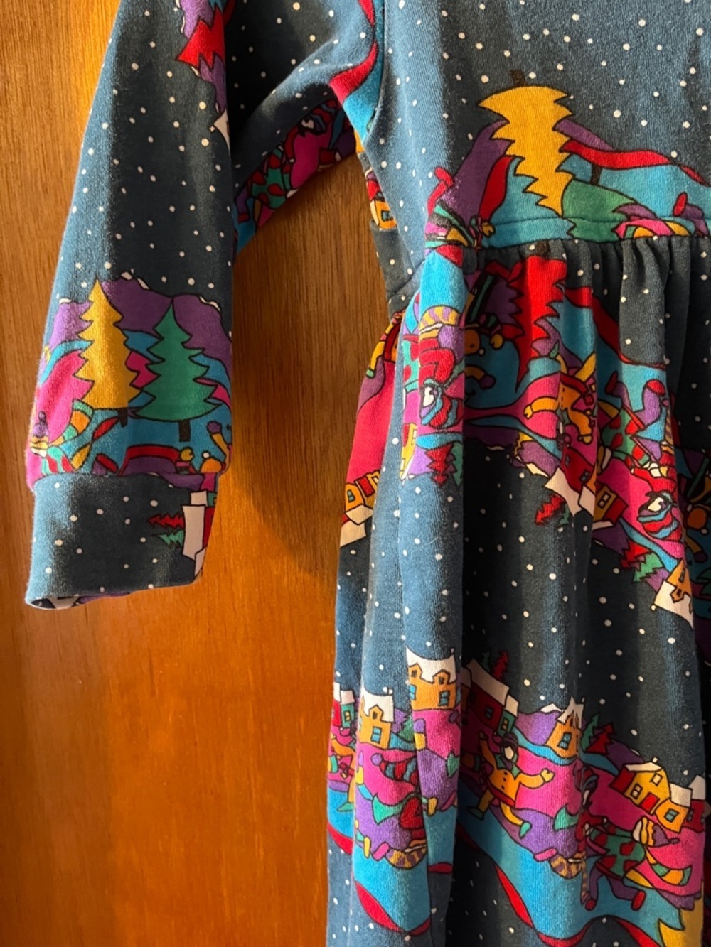 Girls' Long-Sleeve Navy Dress with Bright Village Print 10 - Picture 5 of 6